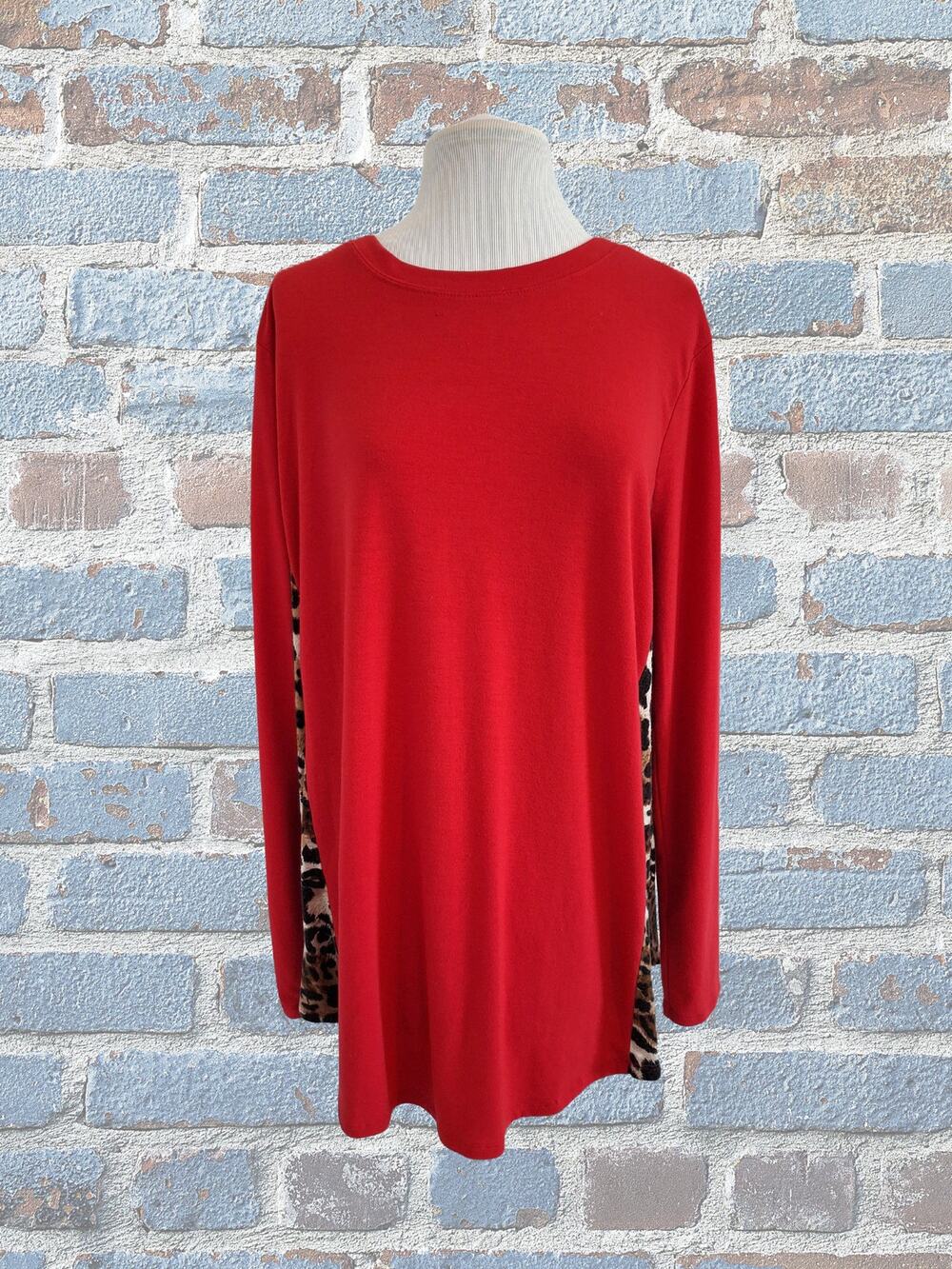 Zenana 2X Red and Animal Print Long Sleeve Top